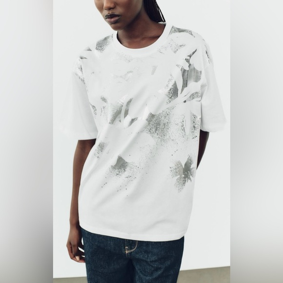 Zara Tops - Zara Silver Metallic Floral Foil White T-shirt | Short Sleeves | XL | NWT